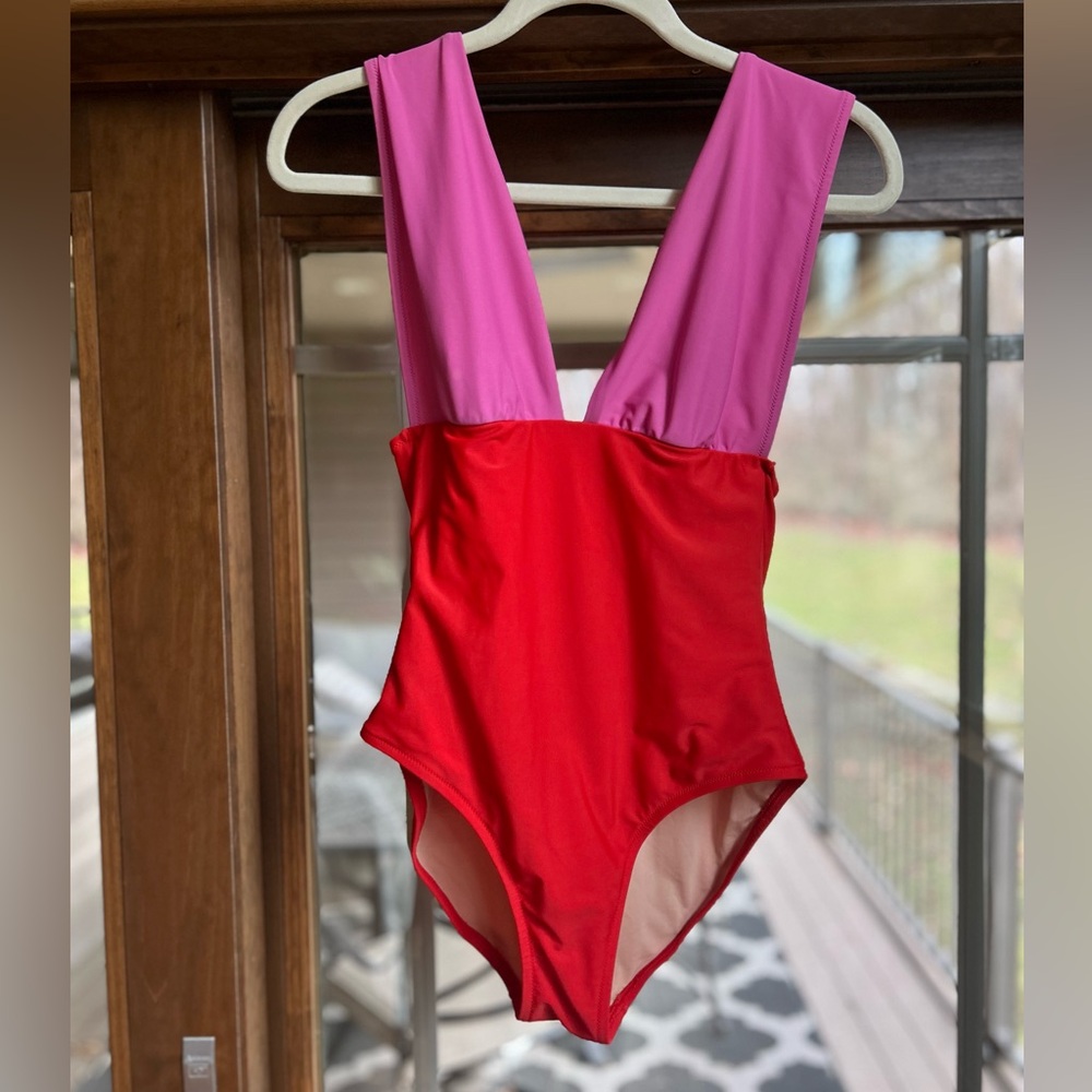 J Crew Plunge V-neck one-piece swimsuit in Pink Wild Petunia